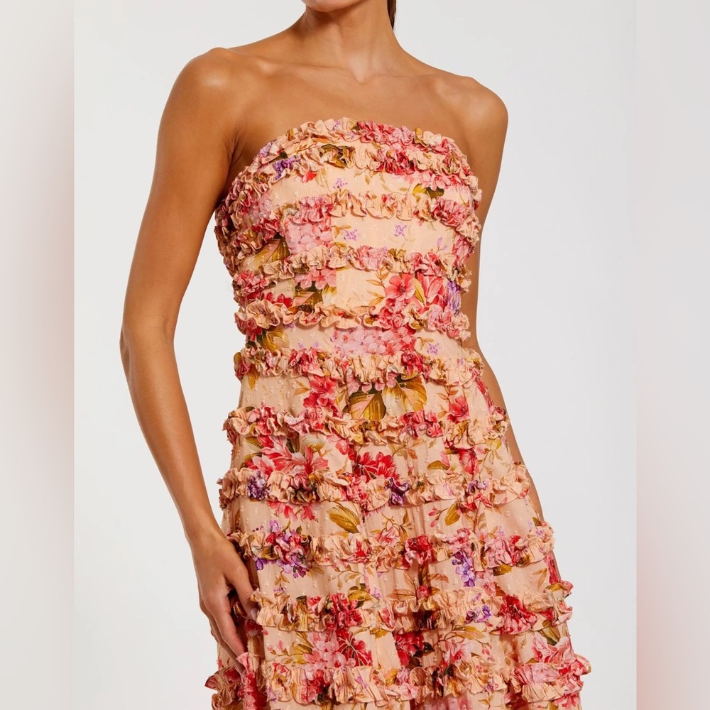 MAC DUGGAL
Pink Floral Strapless Ruffle Midi Dress